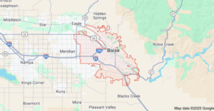 Map showing the city boundaries of Boise, Idaho, including surrounding areas such as Meridian, Eagle, Nampa, Kuna, and Hidden Springs. Major highways like I-84 and Route 55 are visible