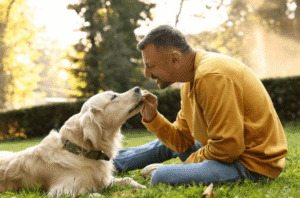 Dog and owner using body language to connect in a Boise park.