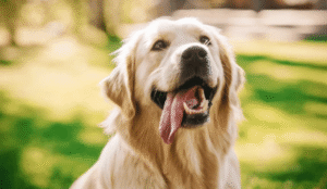 Happy Golden Retriever panting in the sunshine at a Boise park