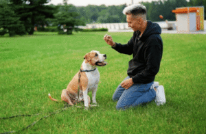 Dog trainer in Boise teaching a brown and white pit bull mix to sit on grass during obedience training session