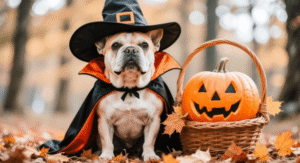 Happy dog in Halloween costume on Boise front porch with pumpkins