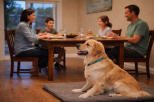 Golden Retriever wearing a turquoise collar sits calmly on a gray dog mat while a Boise family enjoys dinner together at a wooden table in a cozy dining room.