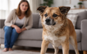Boise dog showing tense body language while owner looks concerned in living room